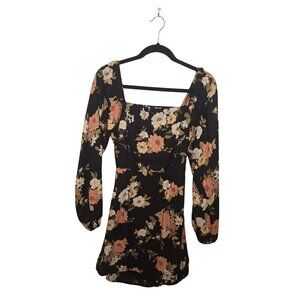 All In Favor Black Floral Semi Backless Dress Long Sleeves Size M Polyester